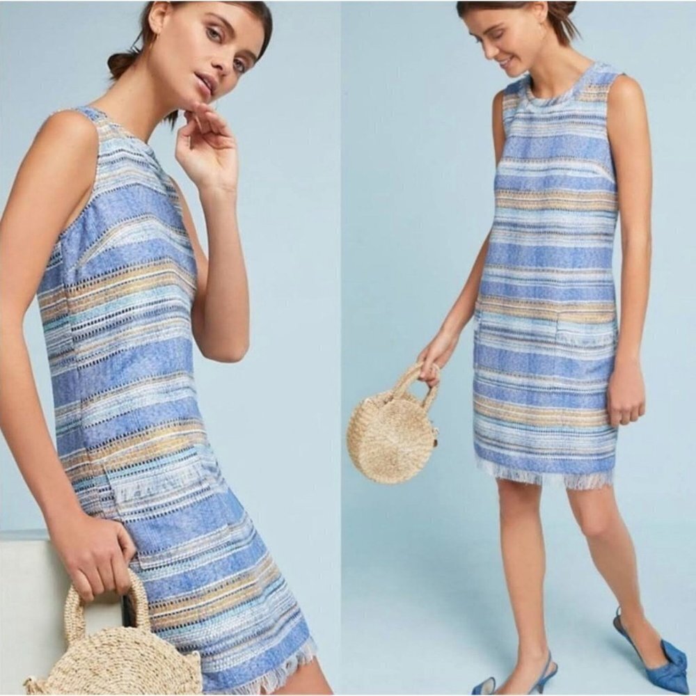 Anthropologie Akemiβ Kin Shift Dress Womens 14 Blue Tweed Career Preppy Chic
